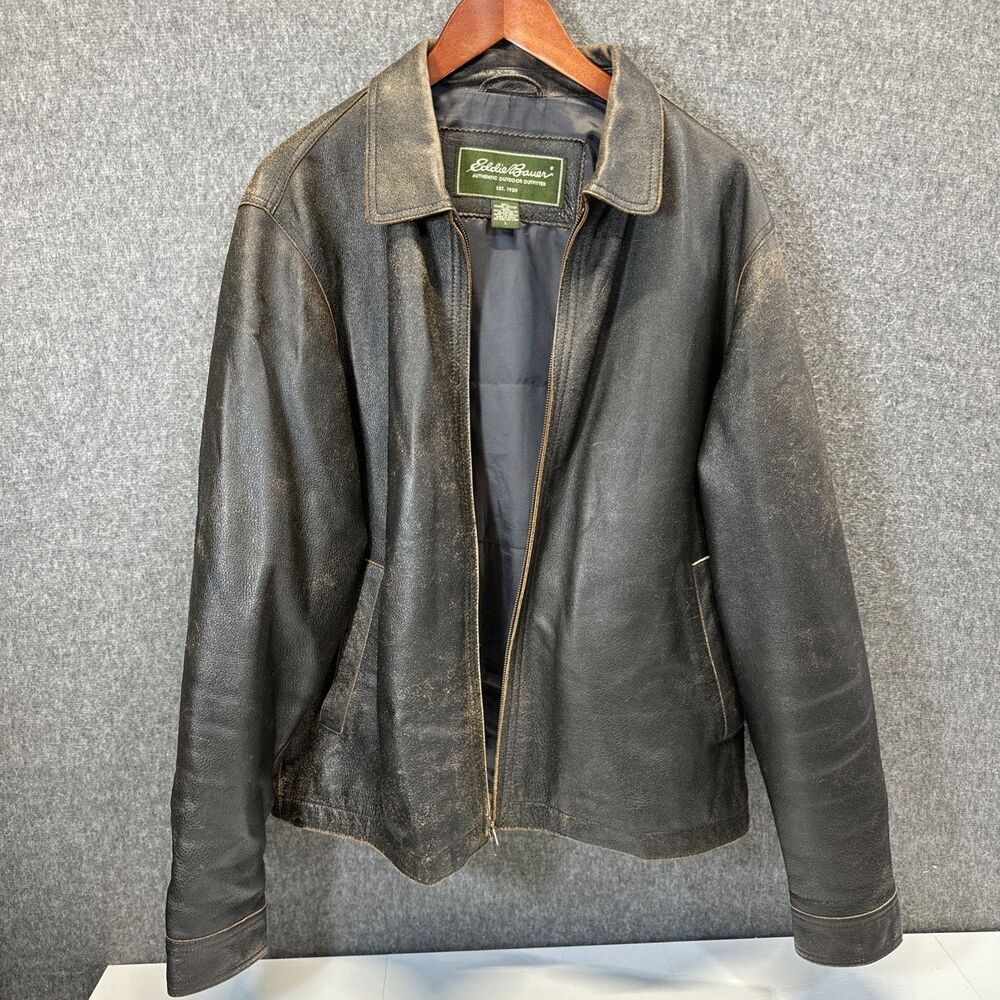 Eddie Bauer Distressed Brown Cowhide Leather Jacket Men’s Large Lined Broken Zip